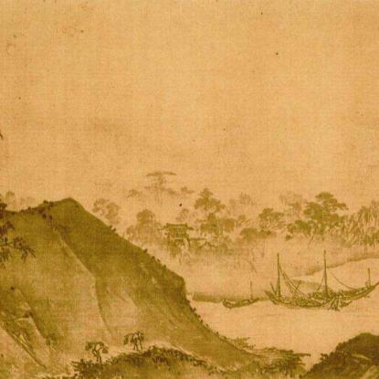 Peinture de Xia Gui (Douze vues prises depuis une hutte en chaumes. détail d'une encre et couleurs sur soie, 27.31 × 253.67 cm. Attribué à Xia Gui. Nelson-Atkins Museum of Art. Wikimedia - CC)